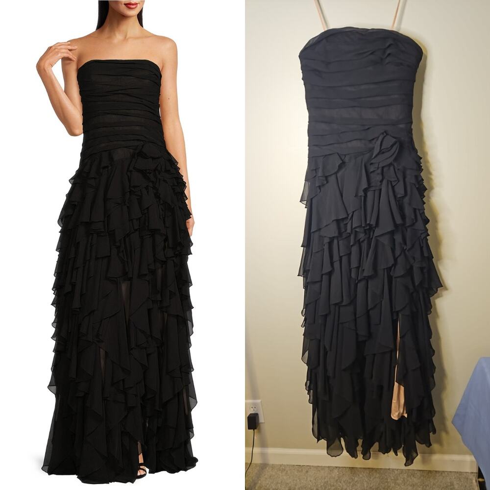 Muse by Marchesa Dahlia Strapless Chiffon Ruched Cascading Ruffle Maxi Dress